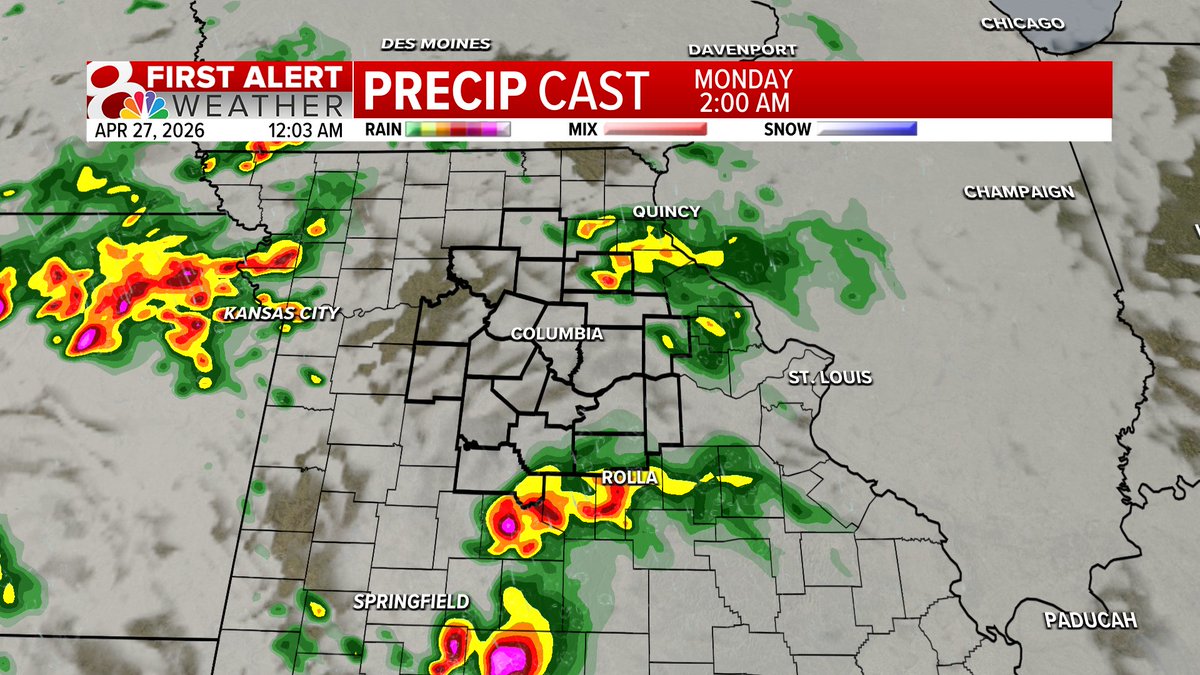 KOMUMatt's tweet image. Midnight Update: 

Tonight &amp;amp; Monday AM: Off &amp;amp; on storms, occasionally severe.
Monday Midday: The key time frame to watch. If we're dry... that enhances our potential Monday afternoon. 
Monday Afternoon: Developing storms, moving east. #MidMoWx #MoWx #MidMo