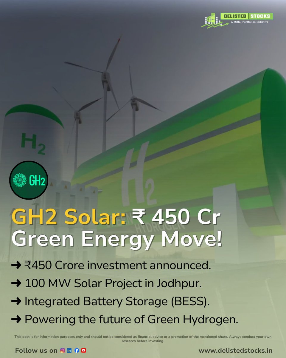 delisted_stocks's tweet image. ₹450 Crore Green Boost! GH2 Solar to set up a 100 MW solar project with battery storage in Jodhpur. A major step for reliable clean energy and green hydrogen production in India!

#GH2Solar #RenewableEnergy #SolarPower #Sustainability #GreenHydrogen