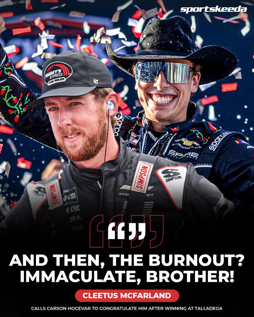 NASCARatSK's tweet image. Cleetus McFarland praised Carson Hocevar’s Talladega burnout as iconic after his first NASCAR Cup win 🔥

#CarsonHocevar #CleetusMcFarland #Talladega #NASCAR