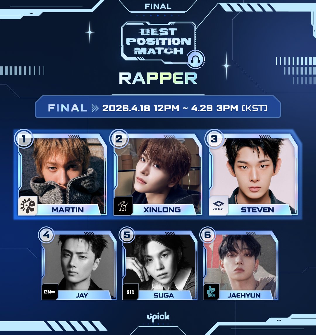 UPICK_twt's tweet image. Best #Rapper Final

🗓~4/29 3PM KST
🔗buly.kr/Edv71H5
🏆Times Square Art canvas Yeongdeungpo

🏅
① #CORTIS #MARTIN
② #ALPHADRIVEONE #XINLONG
③ #AHOF #STEVEN
④ #ENHYPEN #JAY
⑤ #BTS #SUGA
⑥ #BOYNEXTDOOR #JAEHYUN