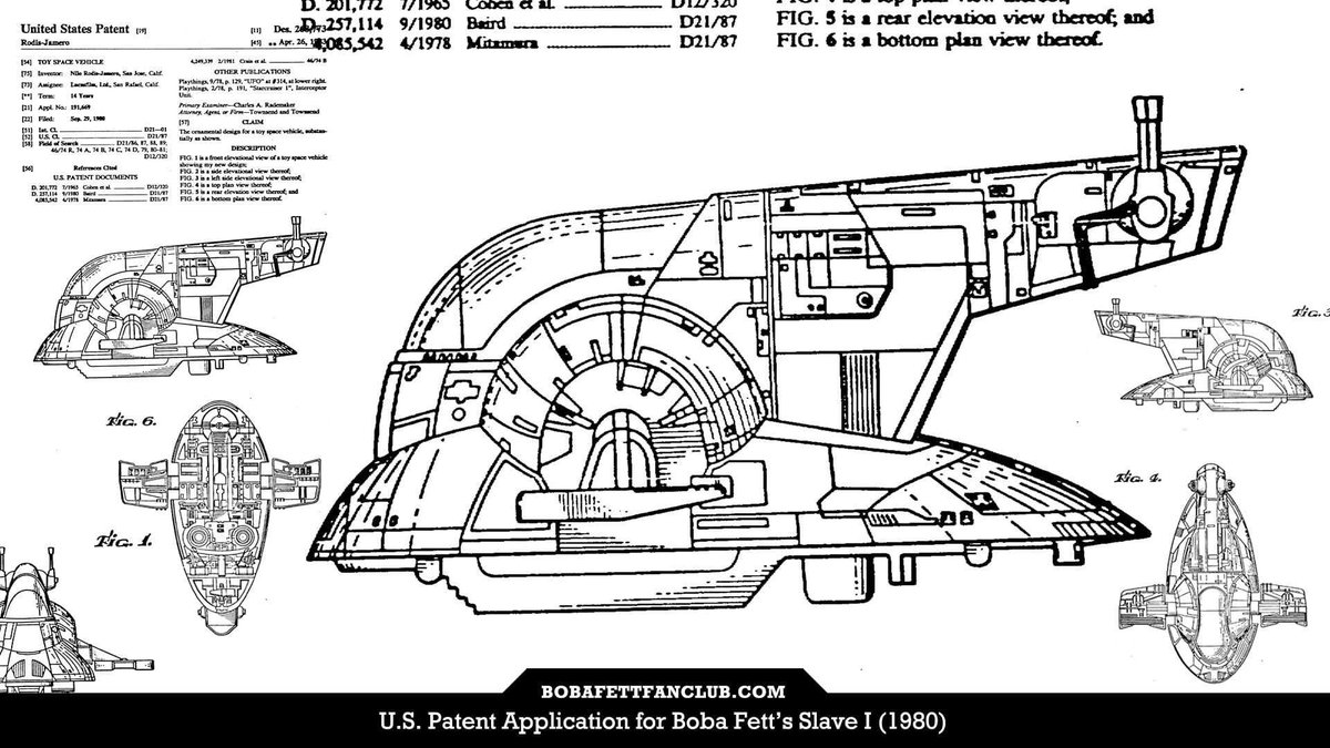 bobafettfanclub's tweet image. On this day in 1983, the patent application for Slave I was approved after being submitted in 1980

The "toy space vehicle" named Nilo Rodis-Jamero as the inventor

More about Nilo: bobafett.com/fettpedia/nilo… 

#BobaFett #BobaFettFanClub #StarWars