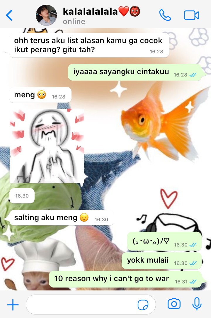 soobjun fewtweets au!

kala alen pacaran
— ketika kala disuruh join trend "10 reasons why you cant go to war" tapi alen ngasih komentar di tiap alasan