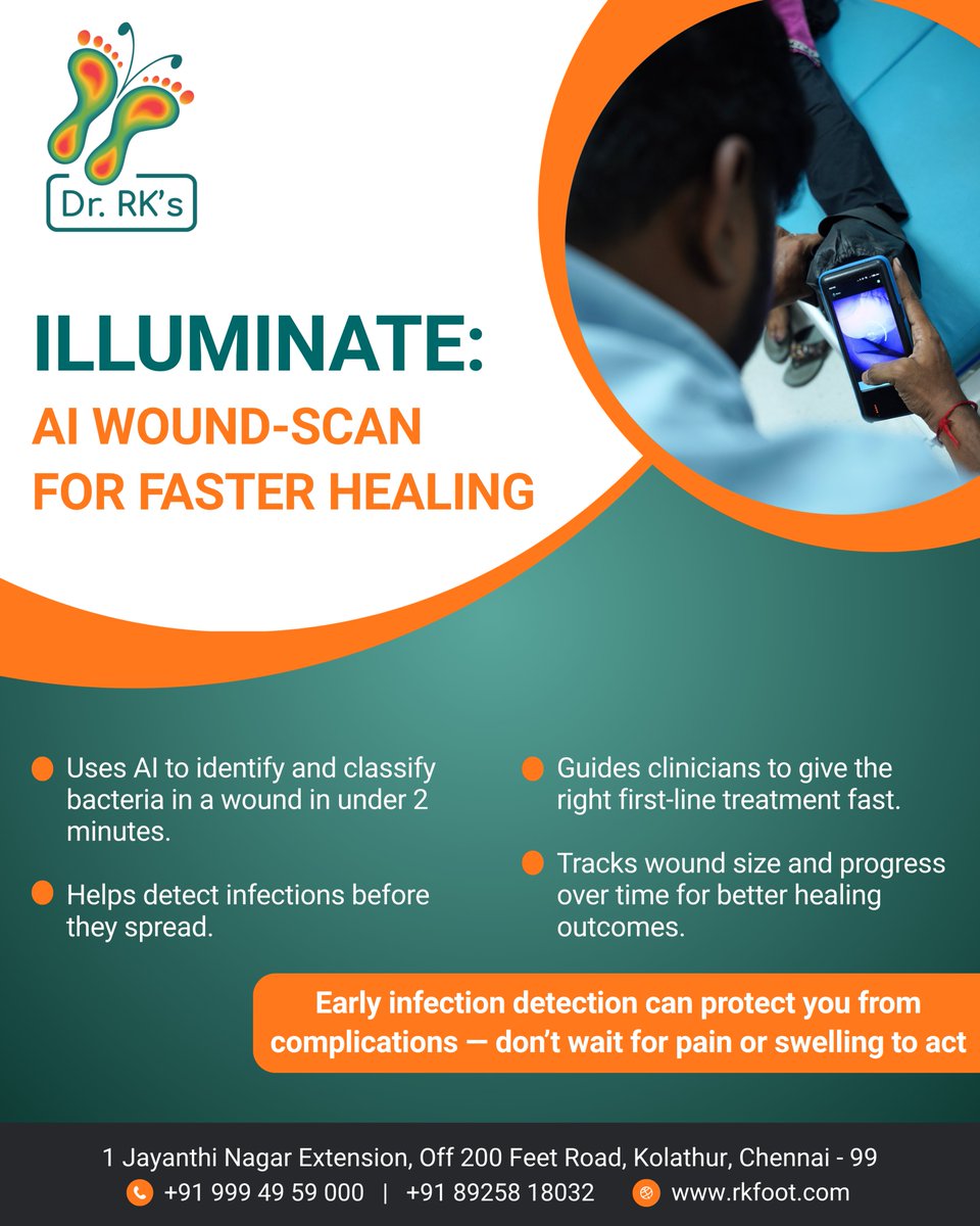 rkpodiatry's tweet image. Hidden infection can turn a small wound serious.

With Illuminate, Dr RK’s detects bacteria early for faster, precise treatment.

Protect your feet. Heal smarter. 👣

📍 Chennai | 📞 99949 59000

#WoundCare #InfectionPrevention #DrRKs #DiabeticFoot #ChennaiPodiatrist