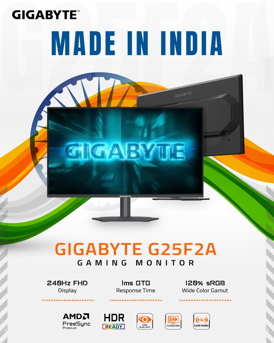 Aorus_IN's tweet image. Meet the GIGABYTE G25F2A - Made in India.

Where speed meets precision, and every frame hits
different.
240Hz FHD. 1ms response. 120% sRGB. Zero
compromises.

#GIGABYTE #ᴍᴀᴅᴇɪɴɪɴᴅɪᴀ #G25F2A