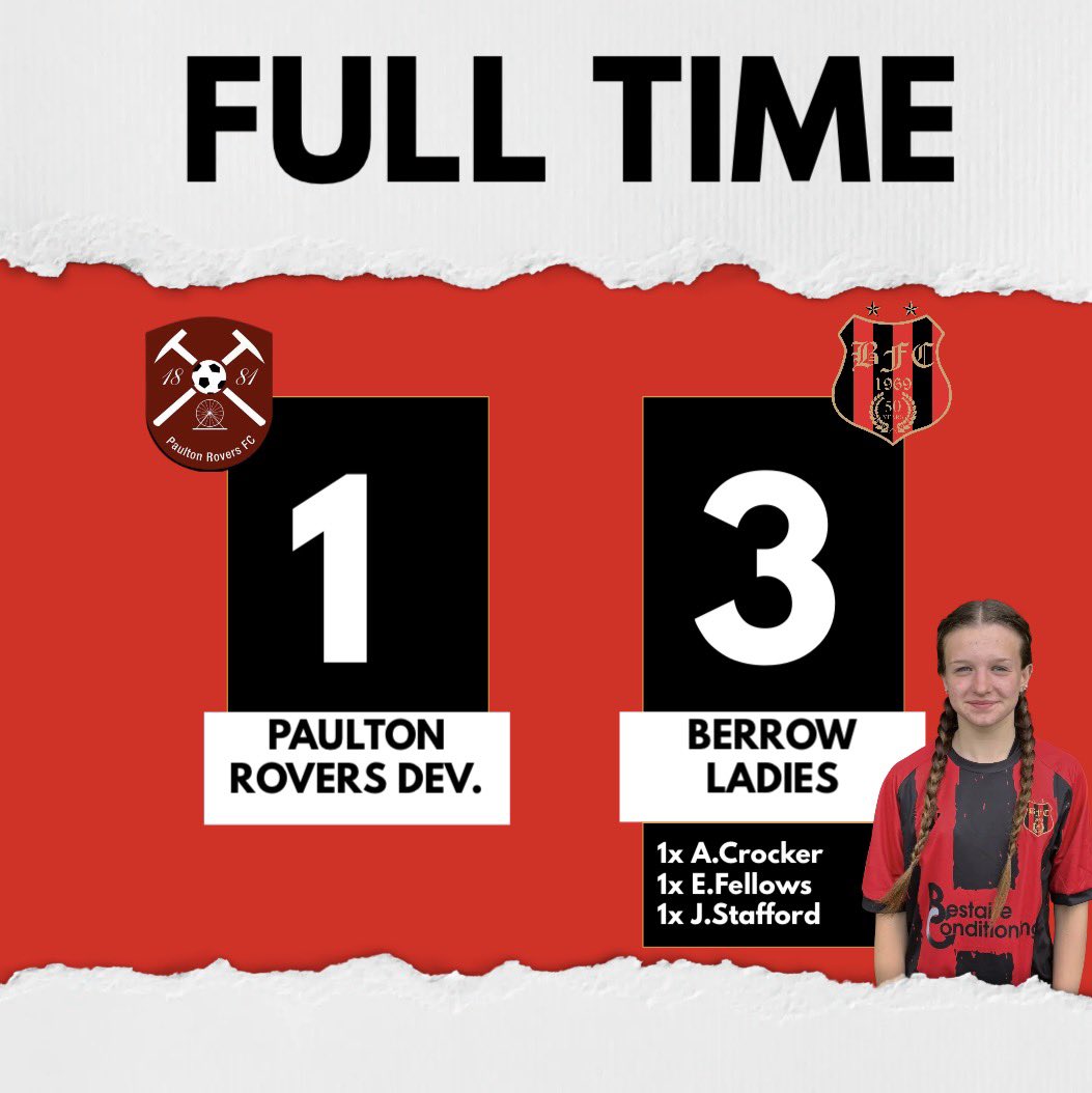 BerrowFC's tweet photo. RESULTS 🔴⚫️

The Ladies ended their season yesterday with a deserved 3 points 🤩

Goals from Ayva, Jo and Elsie 🔥 

MPOTM - K.Stacey 🤩

PPOTM - K.Stacey + F.Jones 🤩 https://t.co/UBuRLjniba