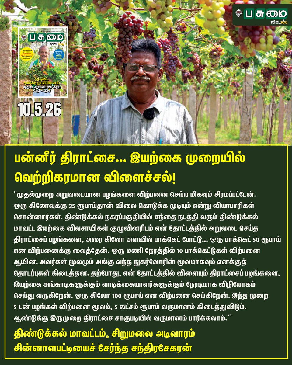 PasumaiVikatan's tweet image. Full Article Link - vikatan.com/agriculture/pa…

பன்னீர் திராட்சை... இயற்கை முறையில் வெற்றிகரமான விளைச்சல்!

#PasumaiVikatan | #Magazine