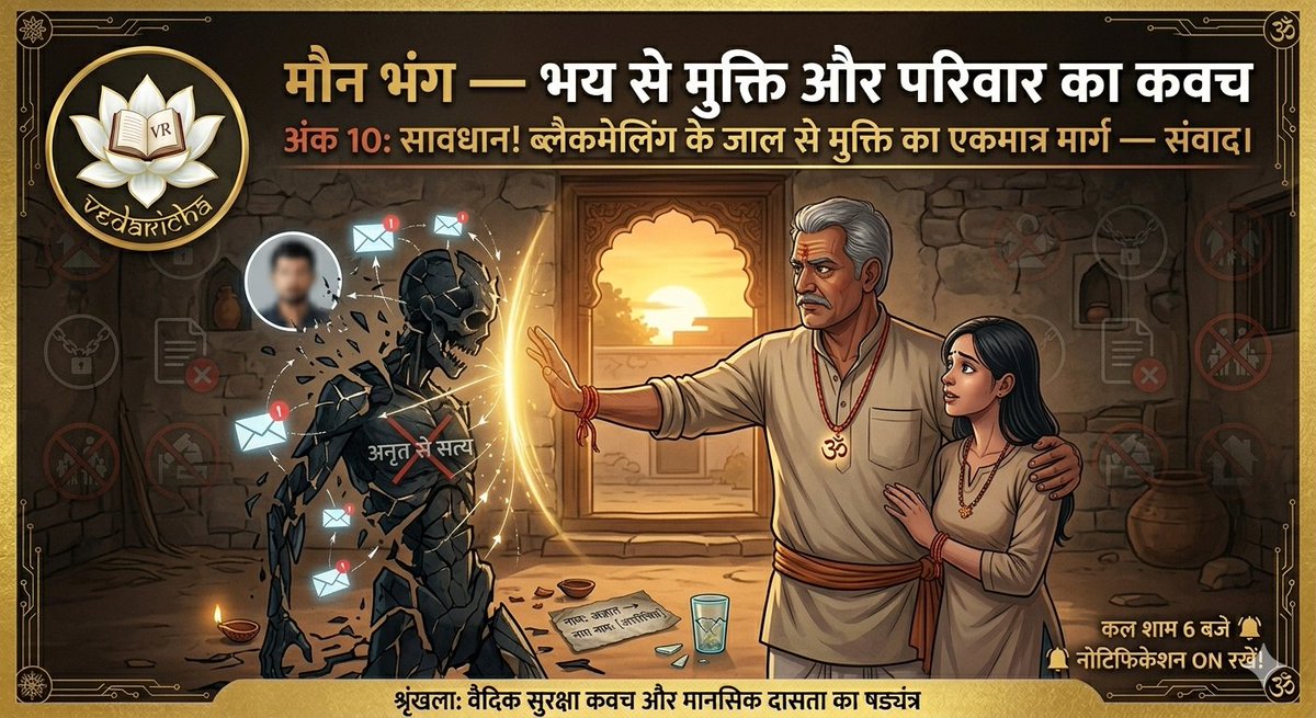 VedaRicha's tweet image. थ्रेड 1/6
वैदिक सुरक्षा कवच और मानसिक दासता का षड्यंत्र अंक 10: 
मौन भंग — भय से मुक्ति और परिवार का कवच

जब बेटी भय को त्याग, साहस जुटाकर विश्वास सहित अपनी जड़ों की और लौटती है और भाई अथवा पिता से हाथ मिलाती है, तब अपराधी का पाताल निश्चित है।

#VedaRicha #BreakTheSilence #Shakti