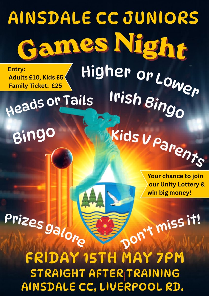 AinsdaleCricket's tweet photo. 🎉 Ainsdale CC Junior Games Night!

📅 Fri 15 May | ⏰ 7pm (after training)

Higher or Lower, Irish Bingo, Kids vs Parents &amp; more!

💷 £10 adults | £5 kids | £25 family

Get involved in the fun! 🙌 https://t.co/ZsrdjXMltB