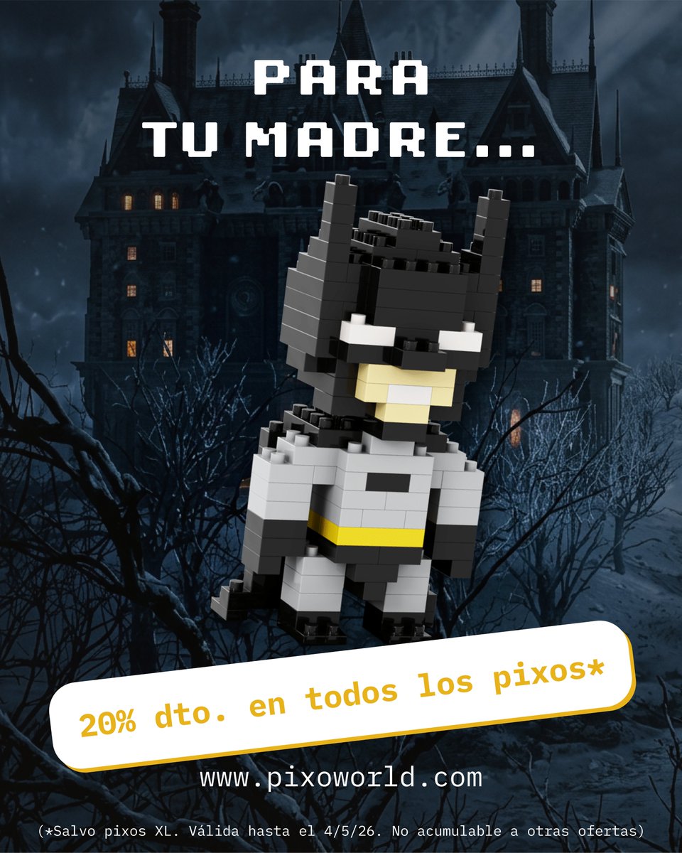 pixoworld's tweet image. El #DíadelaMadre no es igual para la Zagala Virtuosa 💪 que para Bruno el vampiro 🦇😢, pero ambos te los puedes llevar a casa con un 20% de descuento 👉 pixoworld.com

#oferta #promo

(*Salvo pixos XL. Válida hasta el 4/5/26. No acumulable a otras ofertas)