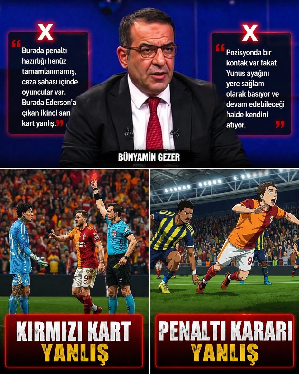Feneristcom's tweet photo. KIRMIZI KART YANLIŞ / PENALTI DEĞİL

❌“Burada penaltı hazırlığı henüz tamamlanmamış, ceza sahası içinde oyuncular var. Burada Ederson’a çıkan ikinci sarı kart yanlış.”

❌ “Pozisyonda bir kontak var fakat Yunus ayağını yere sağlam olarak basıyor ve devam edebileceği halde kendini atıyor.”

(Bünyamin Gezer)

#Fenerbahce #Futbol #Galatasaray
