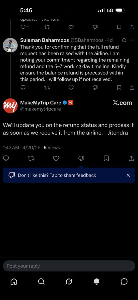 SBaharmoos's tweet photo. This is beyond frustrating now.

Booking ID: NN7AJKGD56585086745  
Route: Jeddah → Hyderabad via Kuwait (Kuwait Airways KU 788 & KU 373, 24 March)  

I was promised a refund of ₹85,511 but received only ~₹10,363. Since then, I have received 100+ identical copy-paste replies saying “wait 5–7 days”.

Is this how customers are treated? This looks like a serious refund discrepancy and possible misrepresentation.

Tagging authorities for urgent attention:  
@MoCA_GoI @DGCAIndia @jagograhakjago  

Also requesting intervention from leadership:  
@makemytrip @makemytripcare  @Rajesh_Magow 
CEO: Rajesh Magow  

I need a clear explanation and full refund immediately. Stop sending template responses and resolve this now.

#MakeMyTrip #RefundIssue #ConsumerRights #AirlineRefund