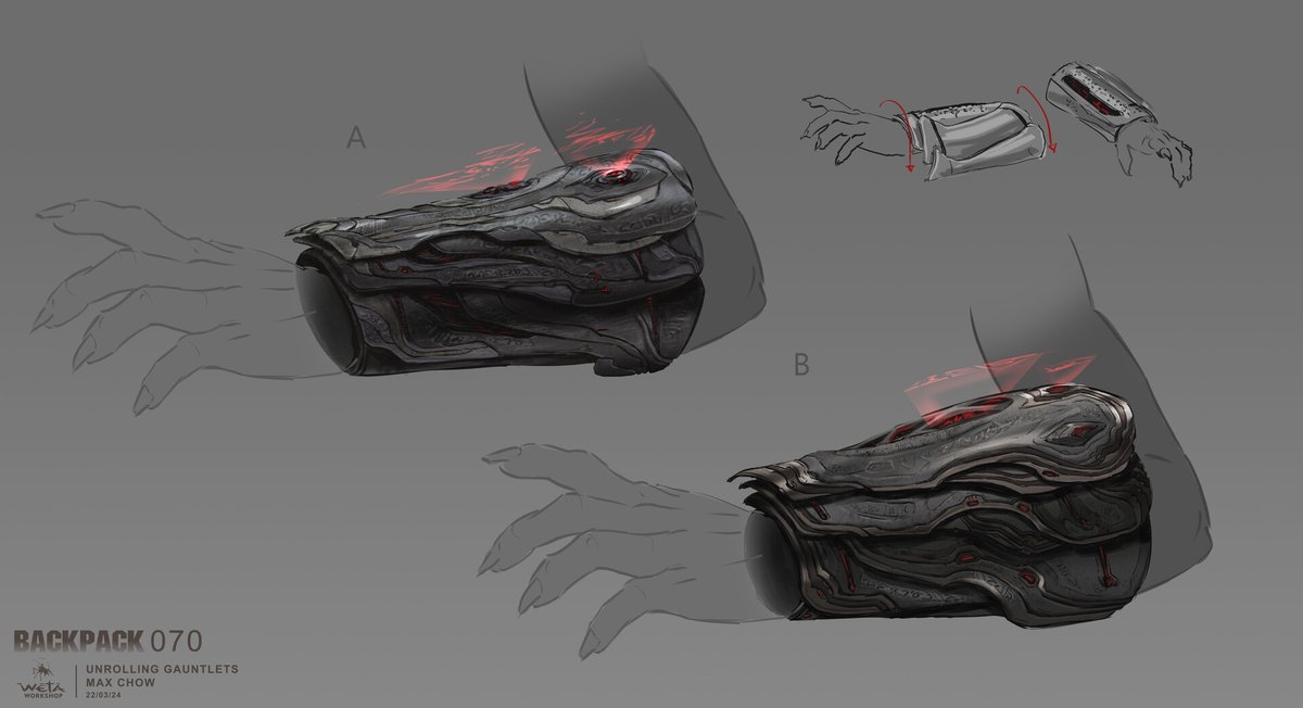 artfromfilm's tweet image. The Yautja wrist gauntlet concept design.
Concept artist Qin Yi Chow (artstation.com/chowqinyi) shared these incredible WIP designs for the Yautja wrist gauntlet in PREDATOR: BADLANDS. The biomechanical detailing and integration with the alien anatomy are next level.

#Predator