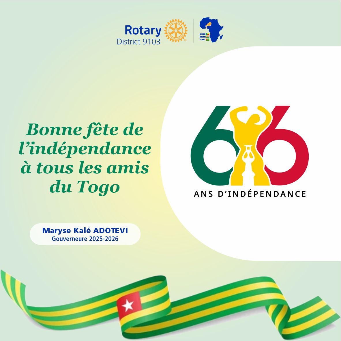 District9103's tweet photo. En ce jour de célébration, le District 9103 du Rotary International adresse ses chaleureuses félicitations à tout le peuple togolais à l’occasion de ses 66 ans d’indépendance 🇹🇬

#FeteIndependance
#District9103
#RotaryInternational
#UnisPourFaireLeBien
#PaixEtDeveloppement https://t.co/3V8fUxT0Zp