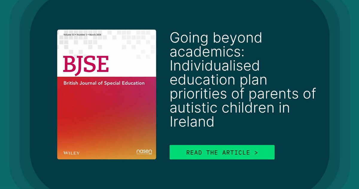 WileySocSci's tweet image. #AutismAwarenessMonth 🔵

New research in the British Journal of Special Education asks what parents of autistic children in Ireland really want from education plans — beyond academic goals.

Read the research: 🔗 ow.ly/5rTv50YMJjR 

@nasen_org #SpecialEducation