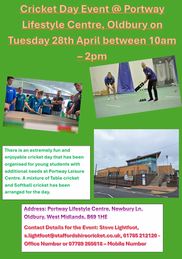 StaffsCricket's tweet image. We have a Cricket Day at Portway Lifestyle Centre, Oldbury for young people with additional needs on Tuesday 28th April #GetInvolved

Poster created by Ryan, one of our Super9 Players