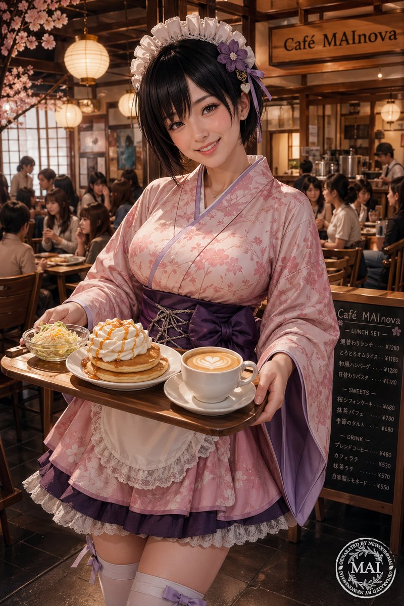 Sgt_Salts's tweet photo. #MAInova
和カフェでゆっくり☕
KIMONO MAID PVCフィギュア
Photorealistic premium product poster of a high-end 1/7 scale PVC anime figure, kimono-style maid girl. Black pixie-cut hair, warm brown eyes, soft friendly smile, delicate makeup, glossy gel nails.
➡続きは右のALTへ https://t.co/m8XTZa7TBo