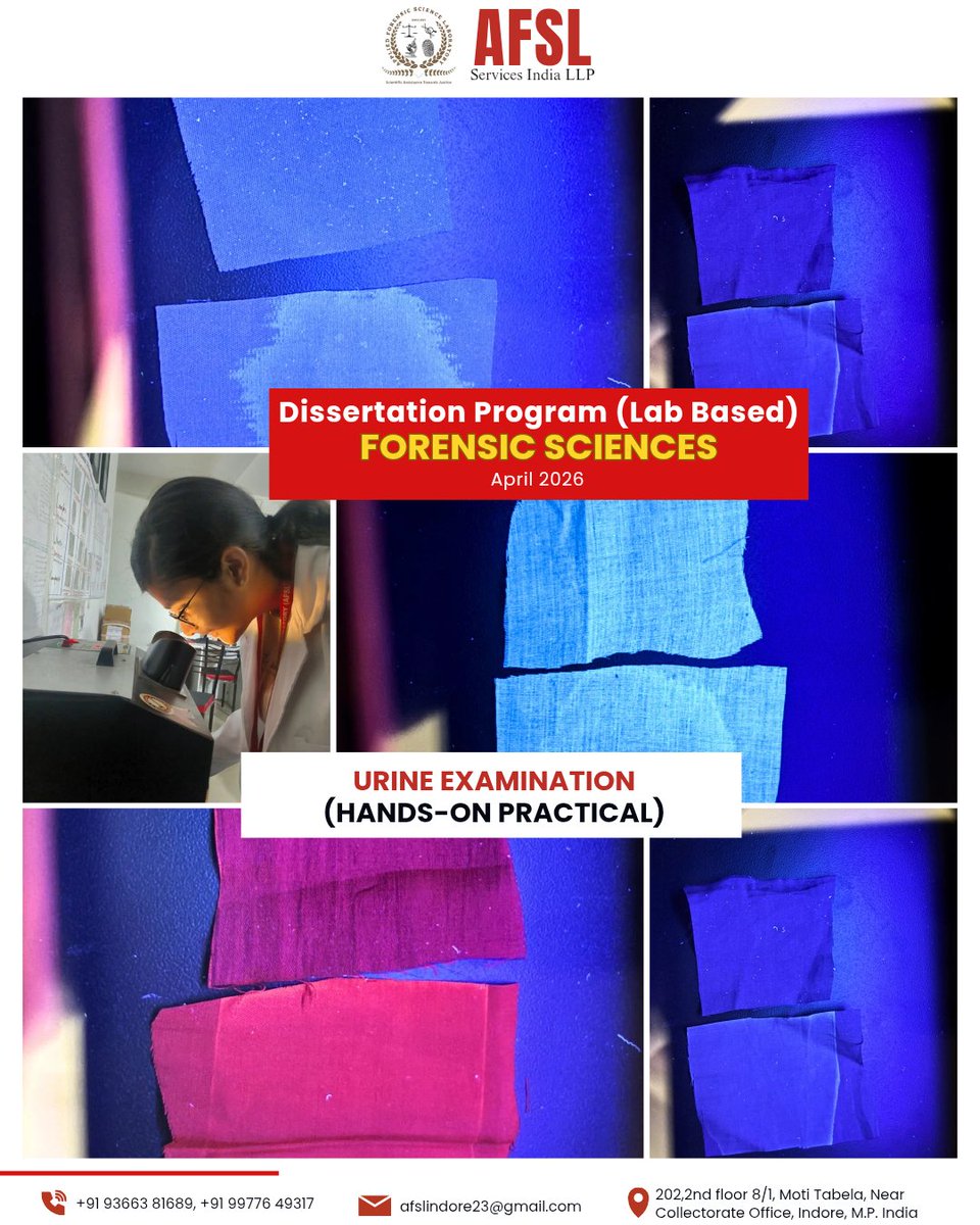 ForensicFor's tweet photo. Applied Forensic Science Laboratory proudly offers its Lab-Based 𝐃𝐢𝐬𝐬𝐞𝐫𝐭𝐚𝐭𝐢𝐨𝐧 𝐏𝐫𝐨𝐠𝐫𝐚𝐦 in Forensic Sciences – April 26, designed to provide students with advanced practical exposure and research-oriented training.
📌 Featured Practical Module: Urine Examination https://t.co/36BgBWFFOE