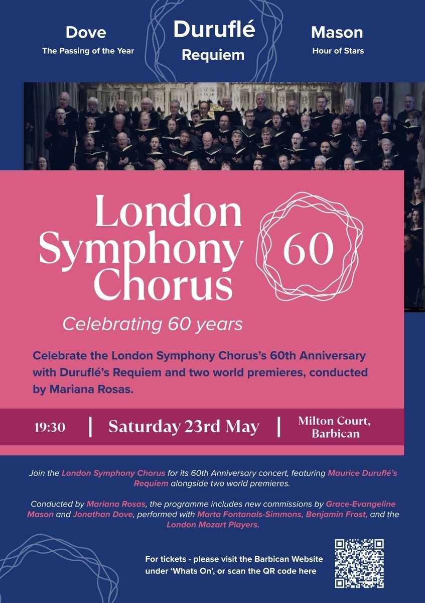 Lelsiboots's tweet photo. 🚨 London Symphony Chorus 60th anniversary concert on 23rd May 🚨 Feat. Durufle's gorgeous Requiem, The Passing of the Year, newly orchestrated by Dove, and a brand new commission by Grace-Evangeline Mason. Come celebrate 60 years with us! 🥳  https://t.co/JXIM1ChUN5 https://t.co/EbPG4o4eJV