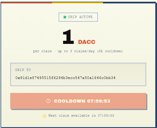 malik_byte's tweet photo. @dac_chain When I try to claim, sometimes I don’t receive the DACC tokens immediately. They only become claimable after a few days, and even then, I can usually claim only once. Please fix this issue with the DACC testnet token claim. https://t.co/9Gorj45Sn9