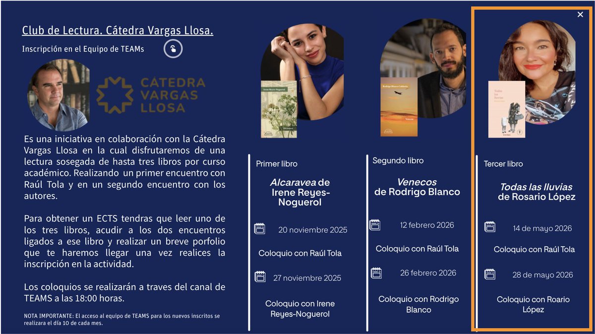 juanita_nani's tweet photo. Mayo es el mes de @rlpezd en el Club de lectura de @CVargasLlosa y @UNIRuniversidad 
"Todas las lluvias"

Apúntate aquí https://t.co/NwJDstih7l https://t.co/B6c0ujRmBF