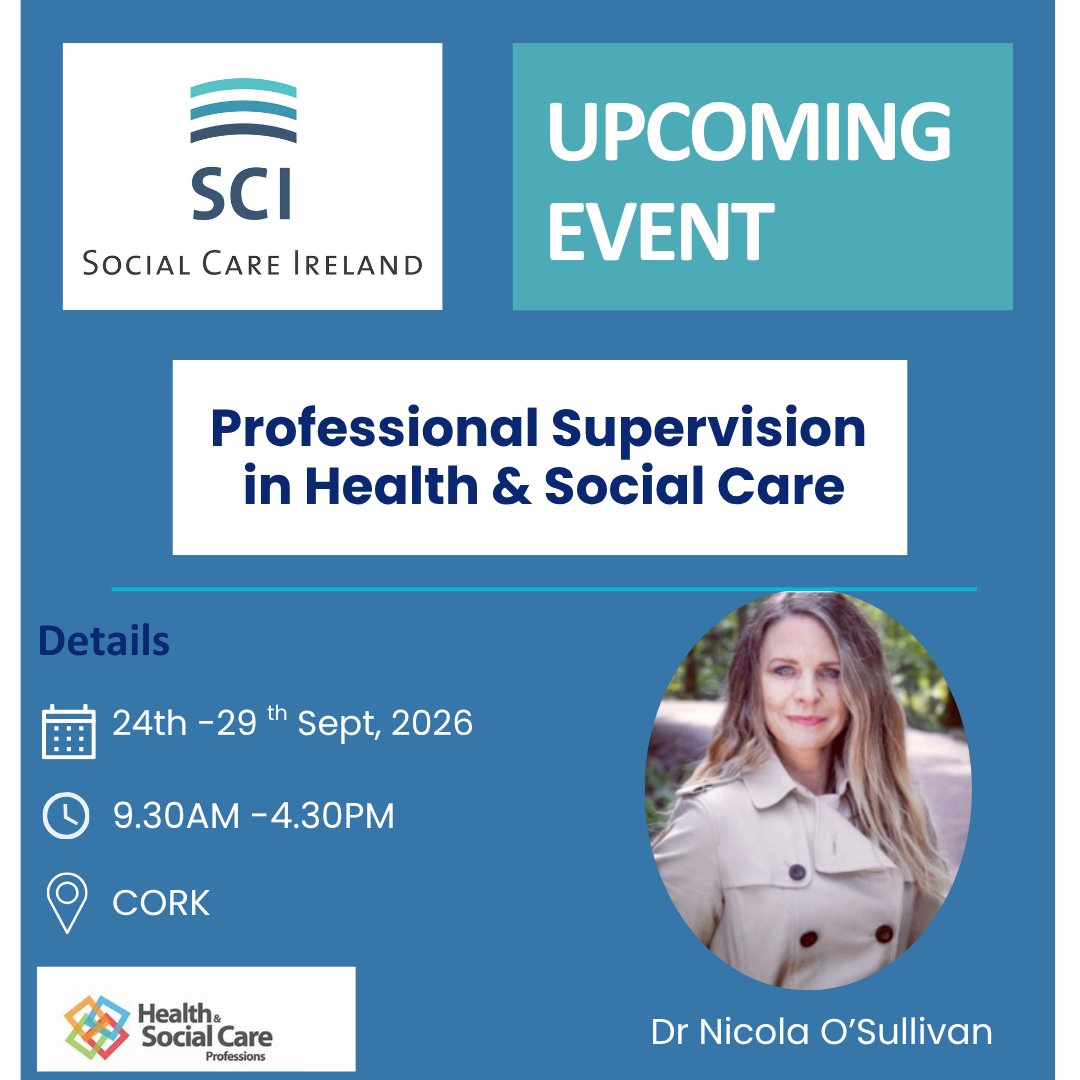 SocialCareIre's tweet image. 📢 Professional Supervision in Health &amp;amp; Social Care – CPD Opportunity

🗓 Sept 24, 25, 28 &amp;amp; 29
⏰ 9:30–4:30 | 📍 Cork (TBC)

⚠️ Limited places
👉 socialcareireland.ie/.../profession…

#CPD #HSCP #SocialCare