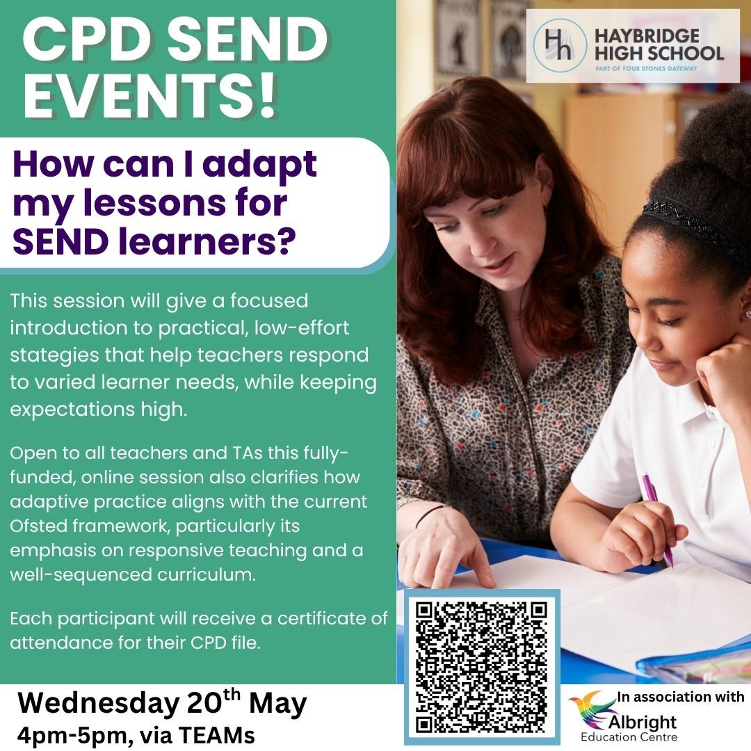 HaybridgeTSH's tweet image. This FREE online #CPD session will give you easy strategies to help your #SEND pupils. Scan the QR code or follow the link for more information and to sign up:
eu1.hubs.ly/H0tQ3j30

@4StonesGateway 
#dudley #sandwell #haybridgetsh #teachingassistant #teaching #classroom