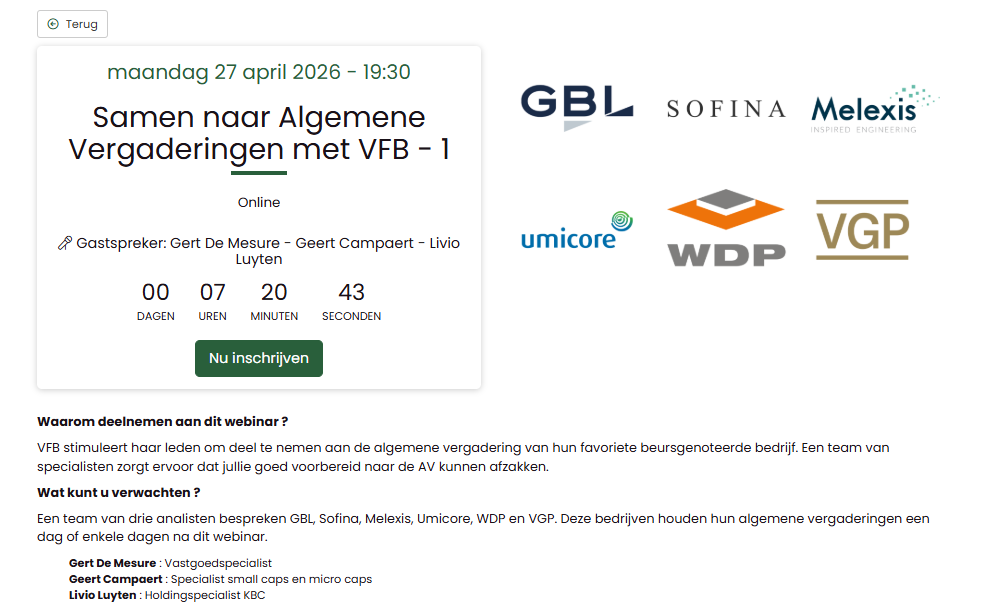 Pdeneve1's tweet photo. Ben je aandeelhouder van #GBL, #SOFINA, #MELEXIS, #UMICORE, #WDP of #VGP en ga je binnenkort naar de algemene vergadering ?  Schrijf je dan zeker in voor ons webinar "samen naar de algemene vergaderingen" Onze drie analisten stellen deze bedrijven kort voor en zorgen er tevens voor dat je goed voorbereid naar deze AGM's kan trekken.  Ook de aandeelhouders van andere bedrijven die eerstdaags hun AGM houden, komen vanavond aan hun trekken. Via de Q en A kunnen jullie gedurende de volledige duur van het webinar vragen afvuren op de analisten.  Dit alles volledig GRATIS voor leden van @VlFedBeleggers   Inschrijven is verplicht via onderstaande link @gertdemesure @CampaertGeert @KBCSecurities