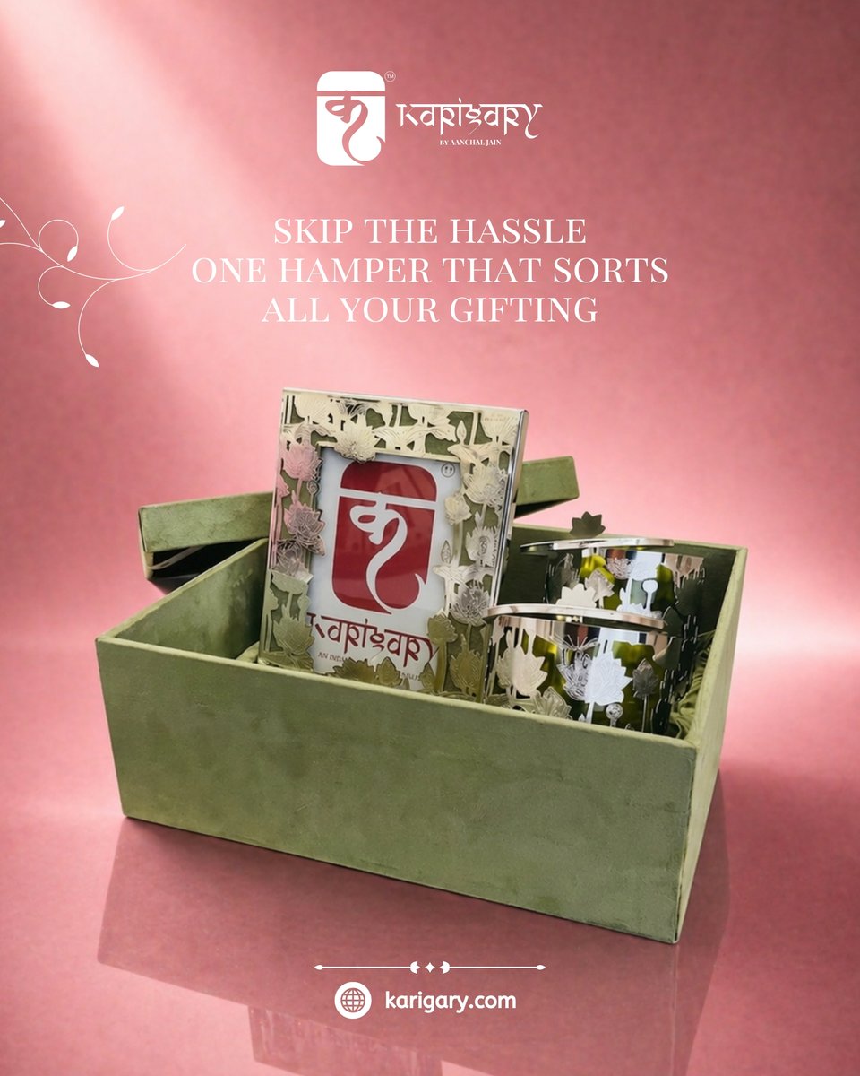 Indiankarigary's tweet image. Skip the hassle, choose perfection 
One hamper that solves all your gifting needs.

[Karigary, budget-friendly brass idols, unique tealights accent trays, amazing online handcrafted, cake stands, home decor]
#EasyGifting #HassleFree #WeddingSeason #LuxuryGifts #Karigary