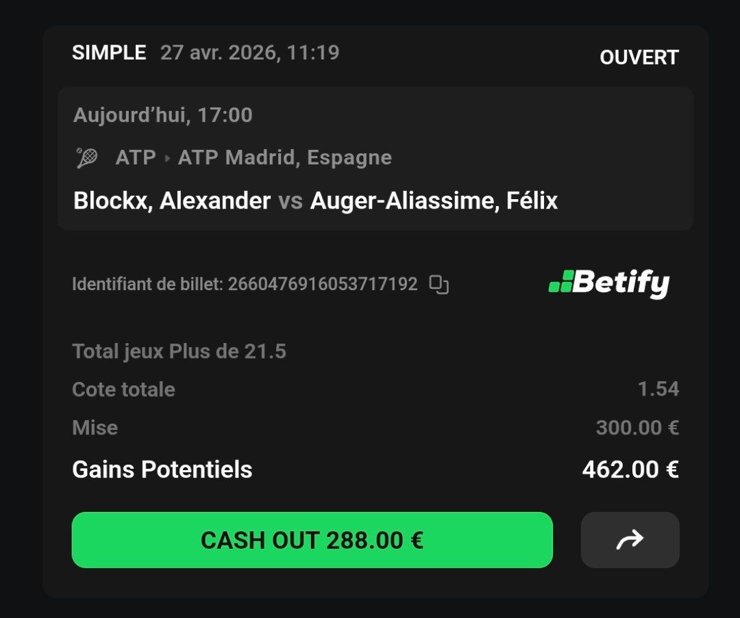 🎾🇪🇸 Blockx vs Auger Aliassime : +21,5 jeux <a href="/1/">1</a>,54🔥🌵

10€ en Paysafecard à gagner 🎁 

Commente ❤️ / 🔄

🔐 PASS PRIVÉ a 2,99€ 👉 sub-starter.com/fr/cactusprono…

⚡️ S'inscrire sur Betify 👉 tinyurl.com/BETIFYOFFICIEL

#teamparieurs