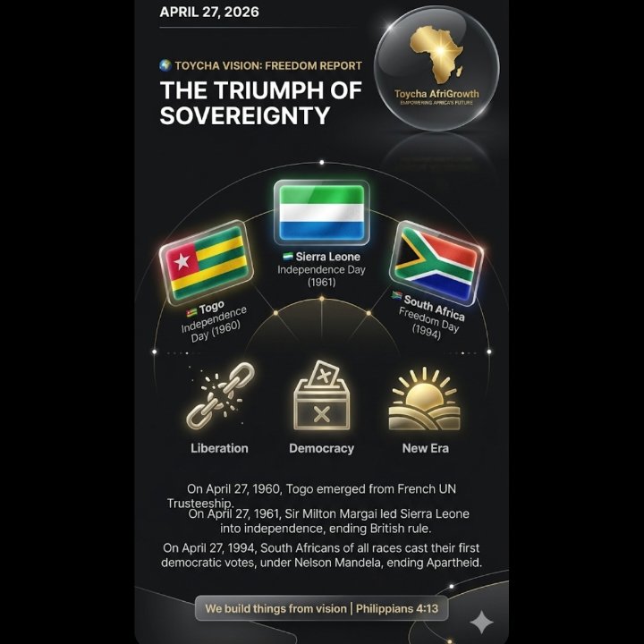 ToychaAl's tweet photo. 🇹🇬 Happy Independence Day, Togo! (1960)
🇸🇱 Happy Independence Day, Sierra Leone! (1961)
🇿🇦 Happy Freedom Day, South Africa! (1994)​We celebrate the courage that broke chains and the vision that continues to build our continent. 
​#SierraLeoneIndependence #TogoIndependence #Afri https://t.co/Z4JVnMkWWZ
