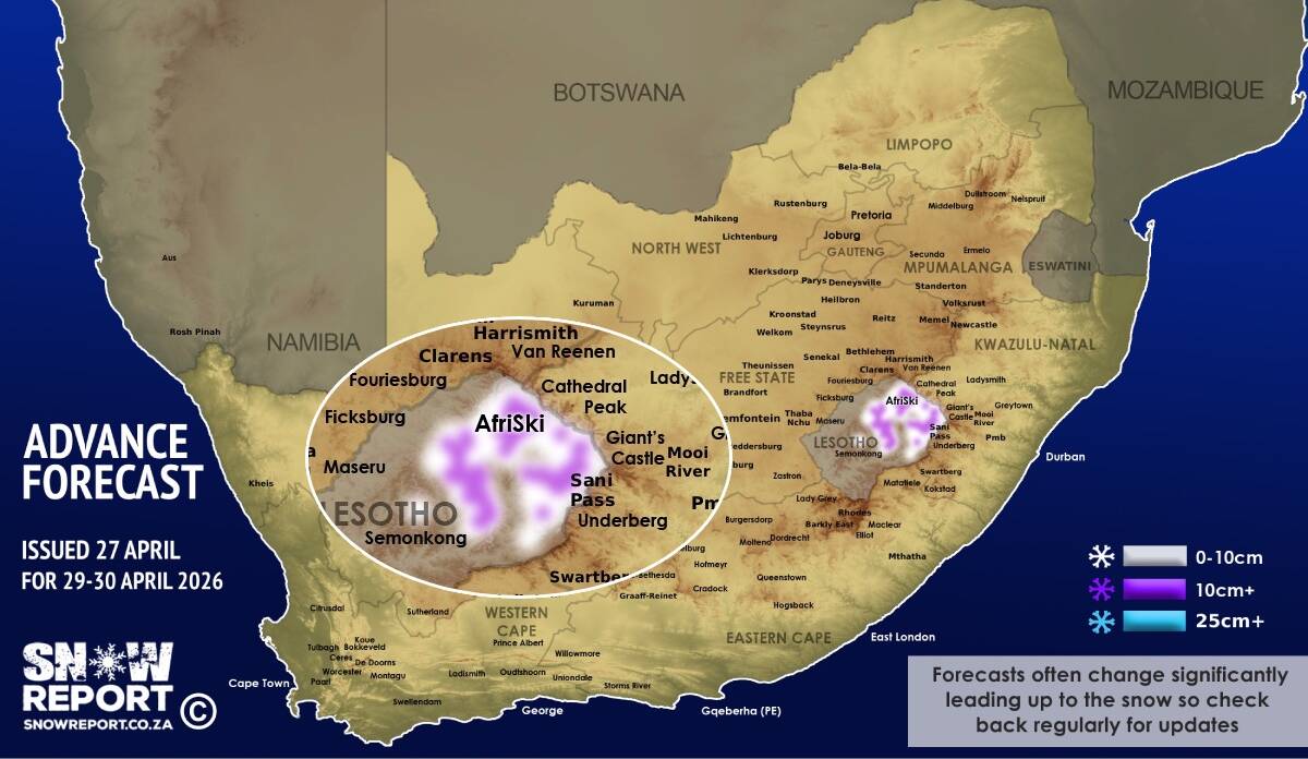 SnowReportSA's tweet image. ❄ SNOW FORECAST: Heavier snowfall possible for Lesotho and the Drakensberg this week - more details at snowreport.co.za #snowreportsa #africansnow #weather