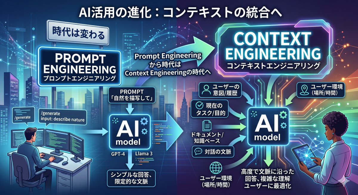 AIWorkHacksLab's tweet photo. 🚨2026年、AI活用で一番重要になるのは

Prompt Engineeringではなく
Context Engineeringです。

簡単に言うと、

Prompt Engineering
＝AIに「どう聞くか」

Context Engineering
＝AIに「何を見せるか・いつ見せるか」を設計すること

AIエージェントが本当に実務で使えるかは、
プロンプトの上手さより
“与える情報の質”で決まります。

ツリーで解説します👇

#ContextEngineering #AgenticAI #生成AI