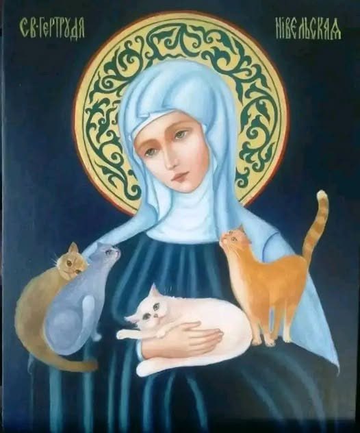 Fragbaza's tweet photo. Saint Gertrude of Nivelles, a 7th-century Belgian nun, is the heavenly patron saint of cats and other animals. 

Cats are loved and cared for because they are unique creatures, possessing superior sensory abilities, acute hearing, smell, night vision, and environmental awareness, which allow them to detect illnesses, storms, and subtle social cues. These abilities make them mysterious and sensitive. 
These superior sensory abilities can nevertheless be exploited if we do not pay attention to these creatures and their sudden behavioral changes. 

Cat can detect demonic possession and abnormalities; so when they become unnecessarily erratic—like the swine into which Christ expelled the legions—they become dangerous not only to others but to themselves. 

A true animal person is one who cares for the well-being of these beautiful creatures, as the energies in your home and environment play a significant role in their lifestyle. 

May we therefore dedicate them to God and seek St. Gertrude’s guidance, whose life was dedicated to silence, prayer, and care, so that every home where a cat purrs may be filled with 
warmth, protection, and light.

~Saint Gertrude protects homes from misfortune and brings peace to those who live alongside these mysterious and sensitive.
