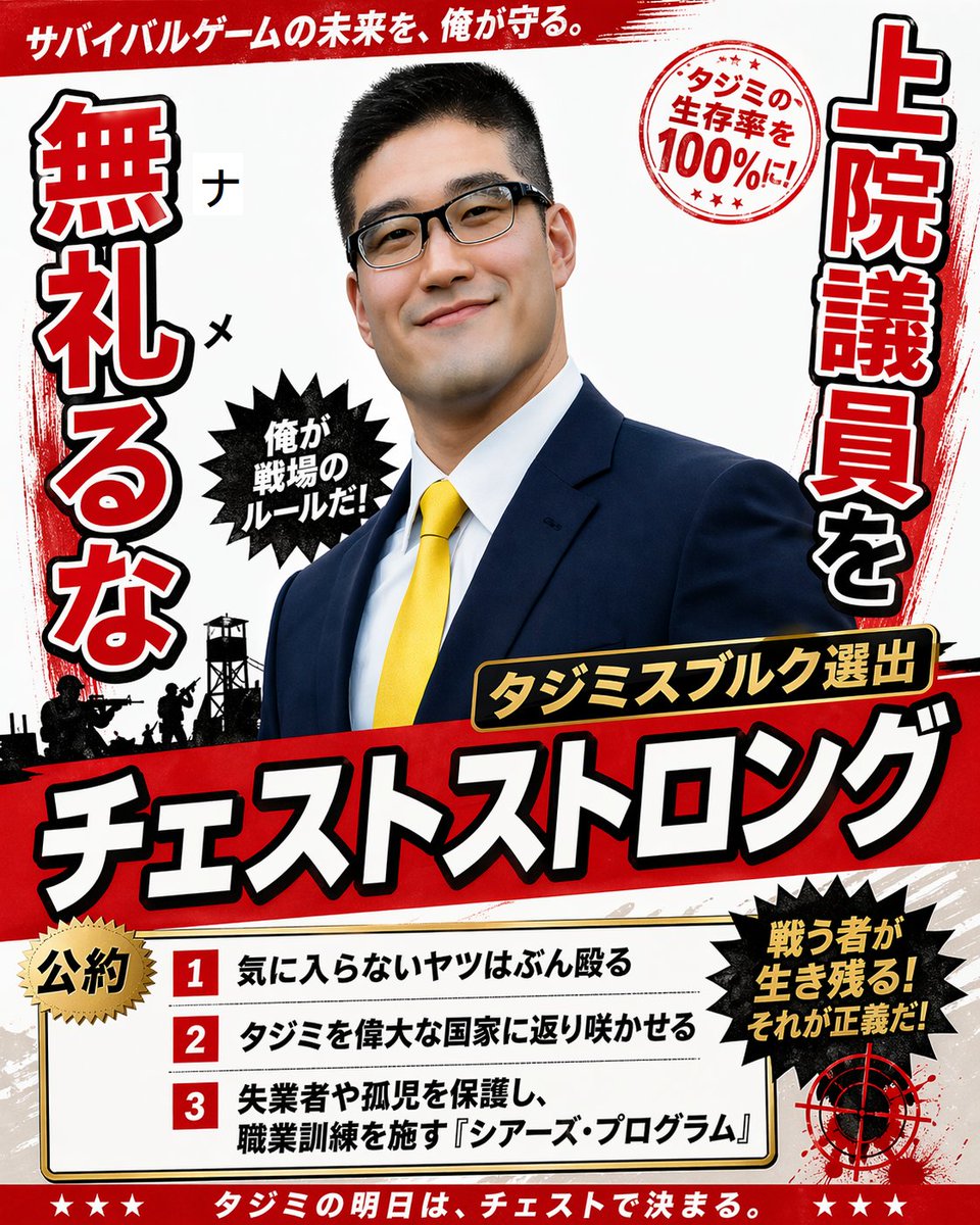 #LESMOT お疲れ様でした！
今回は、共にわからせ党党首チェストストロングとしてタジミスタン大統領選に立候補しました。力及ばず大統領選では敗北しましたが、共わ党は議会選挙においては大躍進を遂げました！
タジミザウルスにも政治力を示せましたので一片の悔いなしです！
#LESMOT_AfterDays