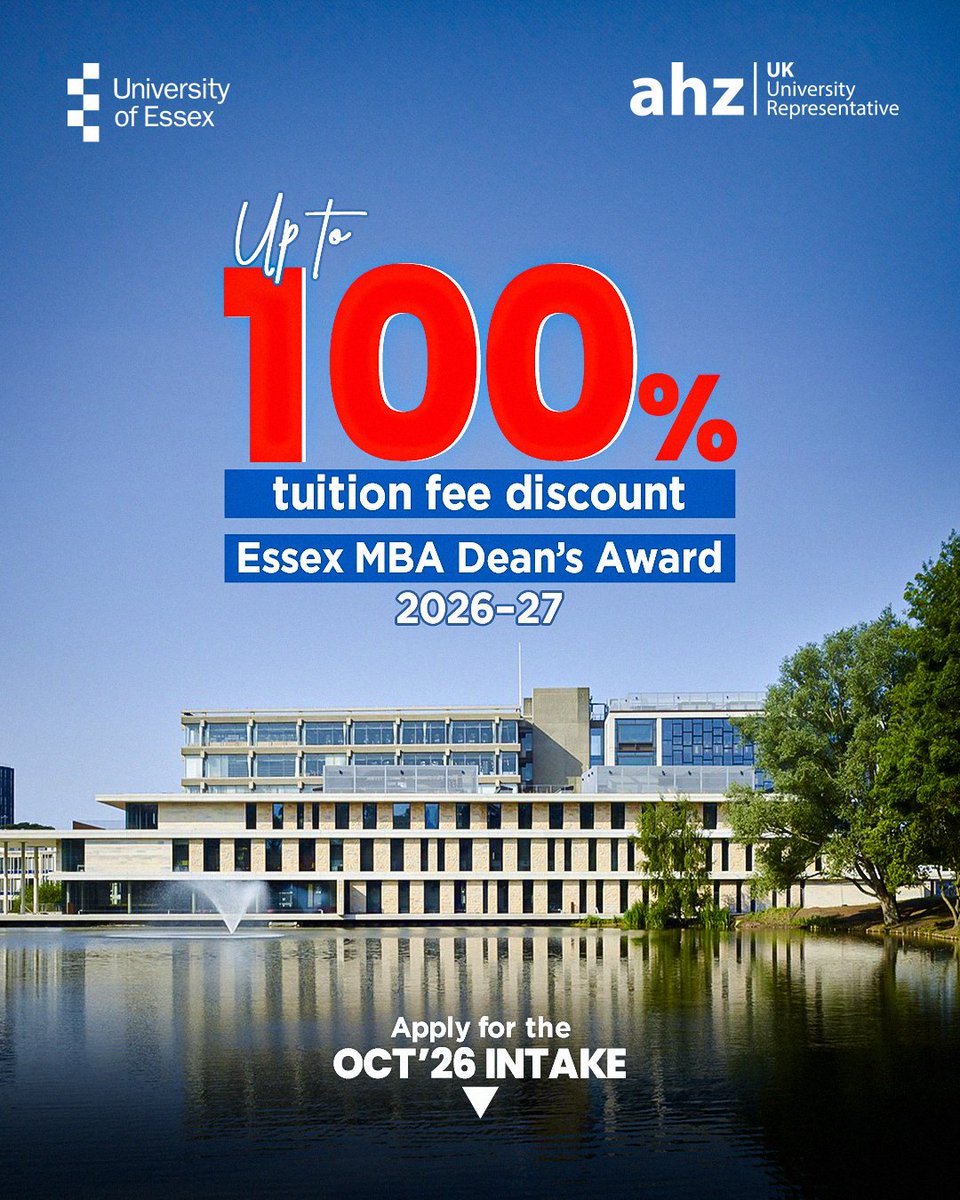 ahz_bangladesh's tweet image. Take your career global with an MBA in the UK.

🎓 University of Essex MBA Dean’s Award 2026–27
💸 Up to 100% tuition fee discount
📅 Start: October 2026
Limited seats. Competitive selection.

Apply now- tinyurl.com/3kurd8d9

#GetaheadwithAHZ #StudyinUK