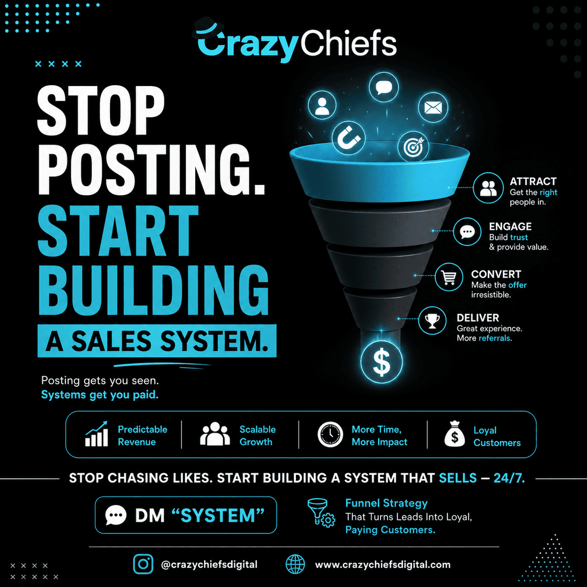 CrazyChiefs's tweet photo. Posting ≠ Sales

System = Sales

Attract → Engage → Convert → Deliver

Build a funnel. Not just content.

#Marketing #Growth #Startup #CrazyChiefs https://t.co/cjHLvKEYic