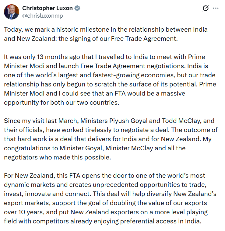 ANI's tweet image. Prime Minister of New Zealand tweets, "Today, we mark a historic milestone in the relationship between India and New Zealand: the signing of our Free Trade Agreement. It was only 13 months ago that I travelled to India to meet with Prime Minister Modi and launch Free Trade