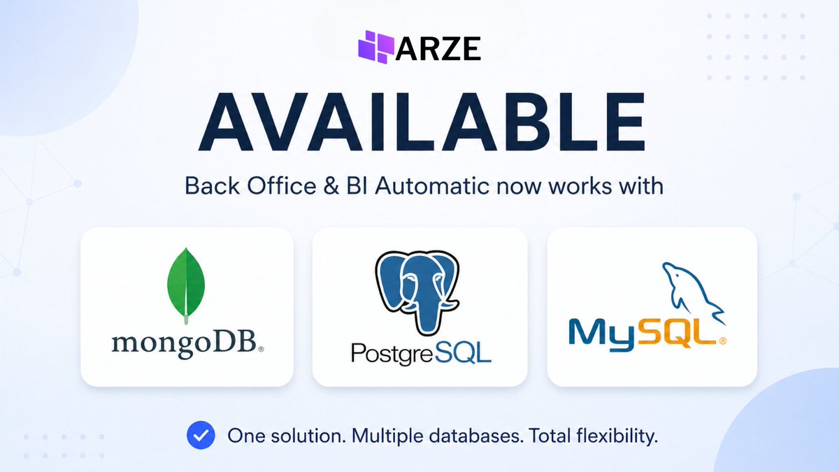 ArzeApp's tweet photo. Big update for ARZE

Our Back Office &amp; BI Automatic just got a serious upgrade.

You can now seamlessly connect and run everything with:

• MongoDB
• PostgreSQL
• MySQL

One solution. Multiple databases. Total flexibility.

#Data #BI #Analytics #Tech #Database #ERP #ARZE https://t.co/GJzg6OBBWz