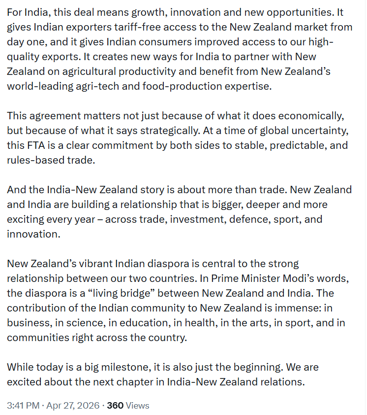 ANI's tweet image. Prime Minister of New Zealand tweets, "Today, we mark a historic milestone in the relationship between India and New Zealand: the signing of our Free Trade Agreement. It was only 13 months ago that I travelled to India to meet with Prime Minister Modi and launch Free Trade