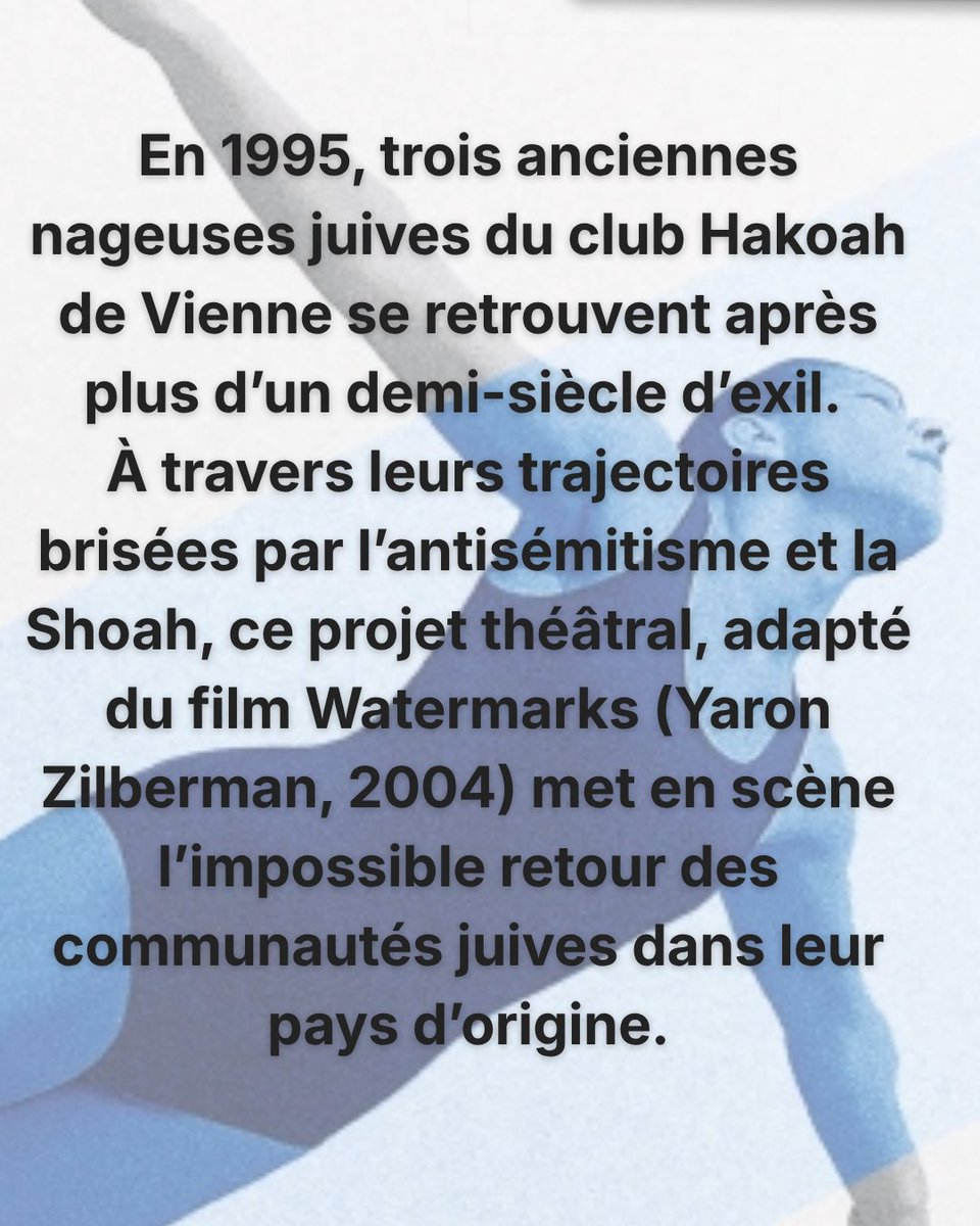 Fondation_Shoah's tweet image. #Théâtre Nage libre au @theatreHebertot studio.

Écrite et mise en scène par Lisa Wurmser, cette pièce s’inspire très librement du film Watermarks de Yaron Zilberman (2004), déjà soutenu par la FMS.

fondationshoah.org/memoire/nage-l…