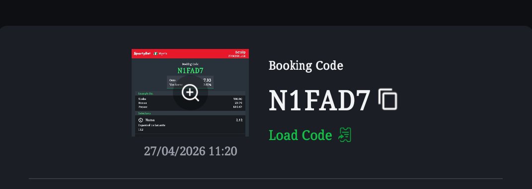FOOTBALL ⚽ ⚽
ODDS:  7
CODE:  N1FAD7
BET RESPONSIBLY 🔞