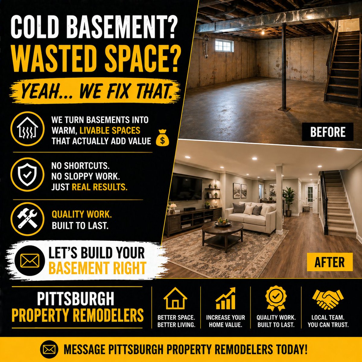 Cold basement? Wasted space?
Yeah… we fix that.

We turn basements into warm, livable spaces that actually add value 💰
No shortcuts. No sloppy work.

Just real results.

Let’s build your basement right

#PittsburghRemodeling #BasementFinishing #HomeValue #RenovationLife