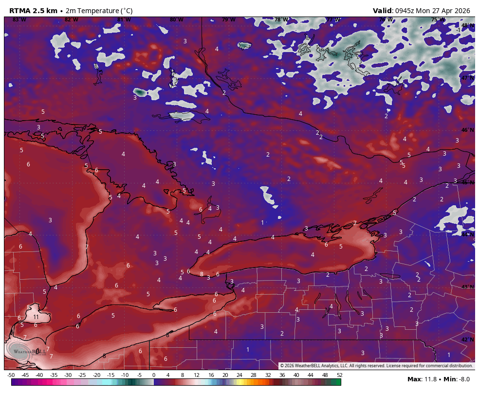 WxOntario1's tweet image. Cool start to the day across Southern #Ontario 

Temps range from the low/ mid single digits

We warm up quickly once again with temps peaking in the upper teens/ neat 20C by the afternoon 

East wind off Lk Ont keeps the West #GTA chilly

Mainly sunny skies with some passing