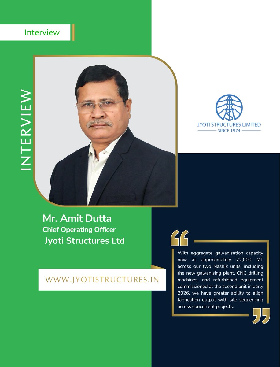 constructioncm1's tweet image. 🎙️ Interview Spotlight | Mr. Amit Dutta, COO, Jyoti Structures Ltd.

He discusses HVDC projects, renewable evacuation corridors, grid modernisation, and the company’s expansion plans. 

Read the full interview : electricalmirror.net/mr-amit-dutta-…

#JyotiStructures #Power #ElectricalMirror