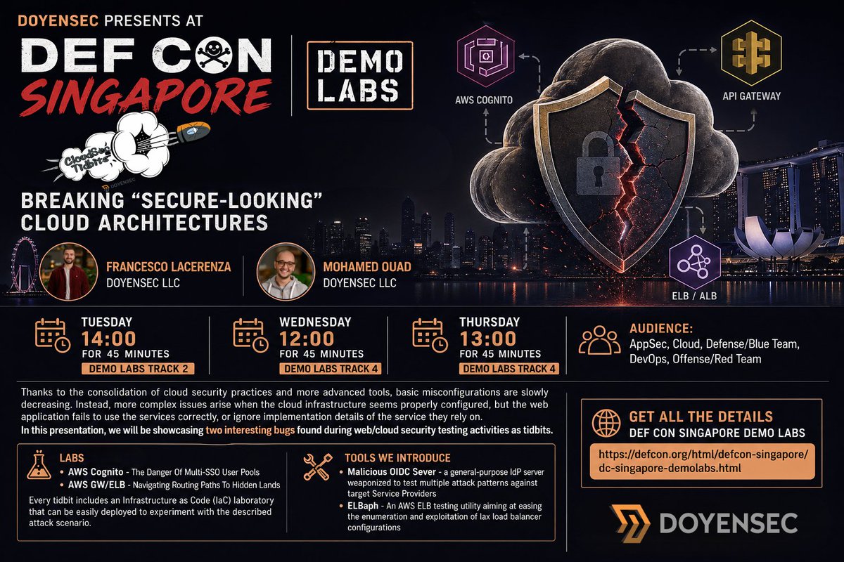 Doyensec's tweet photo. Join #Doyensec at #DEFCON Singapore 🇸🇬 - Demo Labs!
Our @ouadmoha & @lacerenza_fra present CloudSec Tidbits: Breaking “Secure-Looking” Cloud Architectures
See real-world cloud/AppSec bugs & labs
Details - https://t.co/ERZWGh97Gf
🗓 Tue 14:00 | Wed 12:00 | Thu 13:00
#cloudsec https://t.co/UmPFBEQYhu