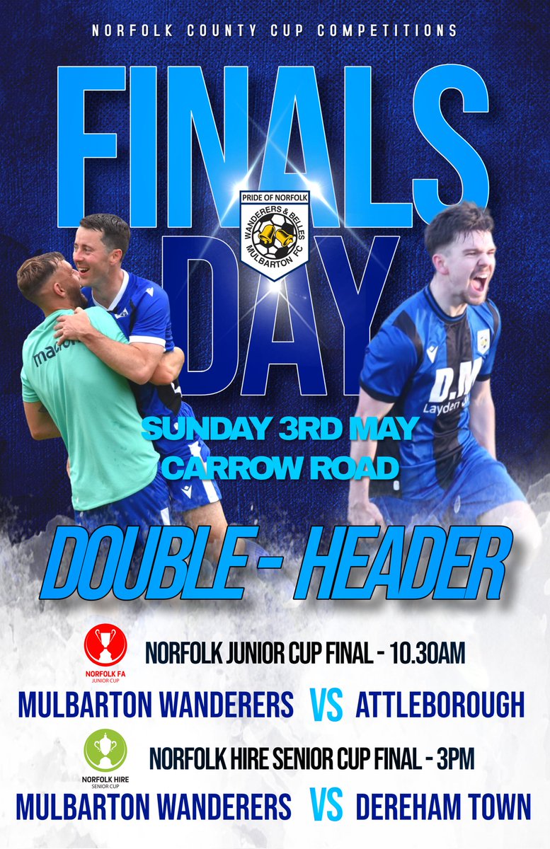 FINALS DAY ⚽🏆

Sunday 3rd May | Carrow Road

🏆 Junior Cup Final – 10:30am
Reserves vs Attleborough

🏆 Senior Cup Final – 3pm
Wanderers vs Dereham Town

Double header. Massive day 💙🖤

🎟 ticketsource.com/ncfa⁠

#UpTheWanderers #FinalsDay