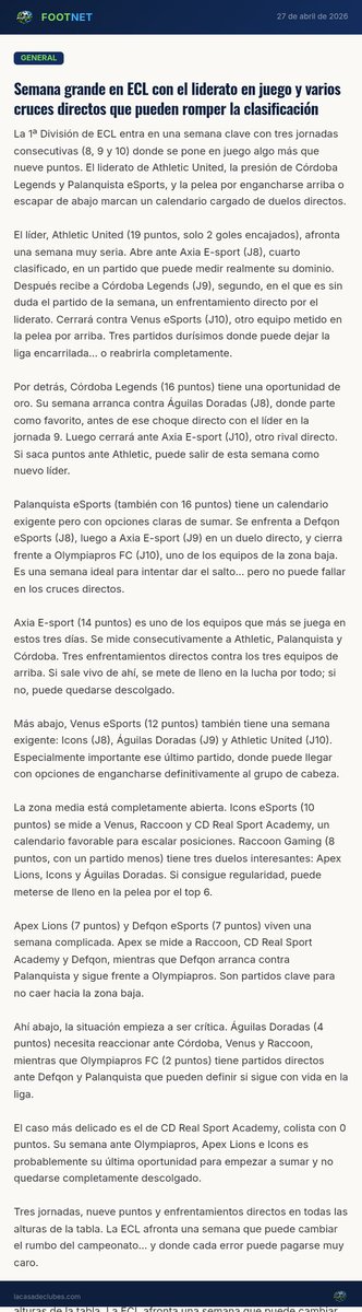 FootNetMedia's tweet photo. ECL 1A DIVISION
SEMANA 3
@_IconseSports 
@Palanquista_eSp 
@RaccoonGamingPS 
@Athl3tic_United 
@Legends_Cordoba 
@apexlionsfc 
@olympiaprosfc 
@Venus_eSports1 
@EsportsDefqon 
@AxiaEsportsCP_
@AguilasD0radas 
@Vamral_esport https://t.co/ClyqCCOnal