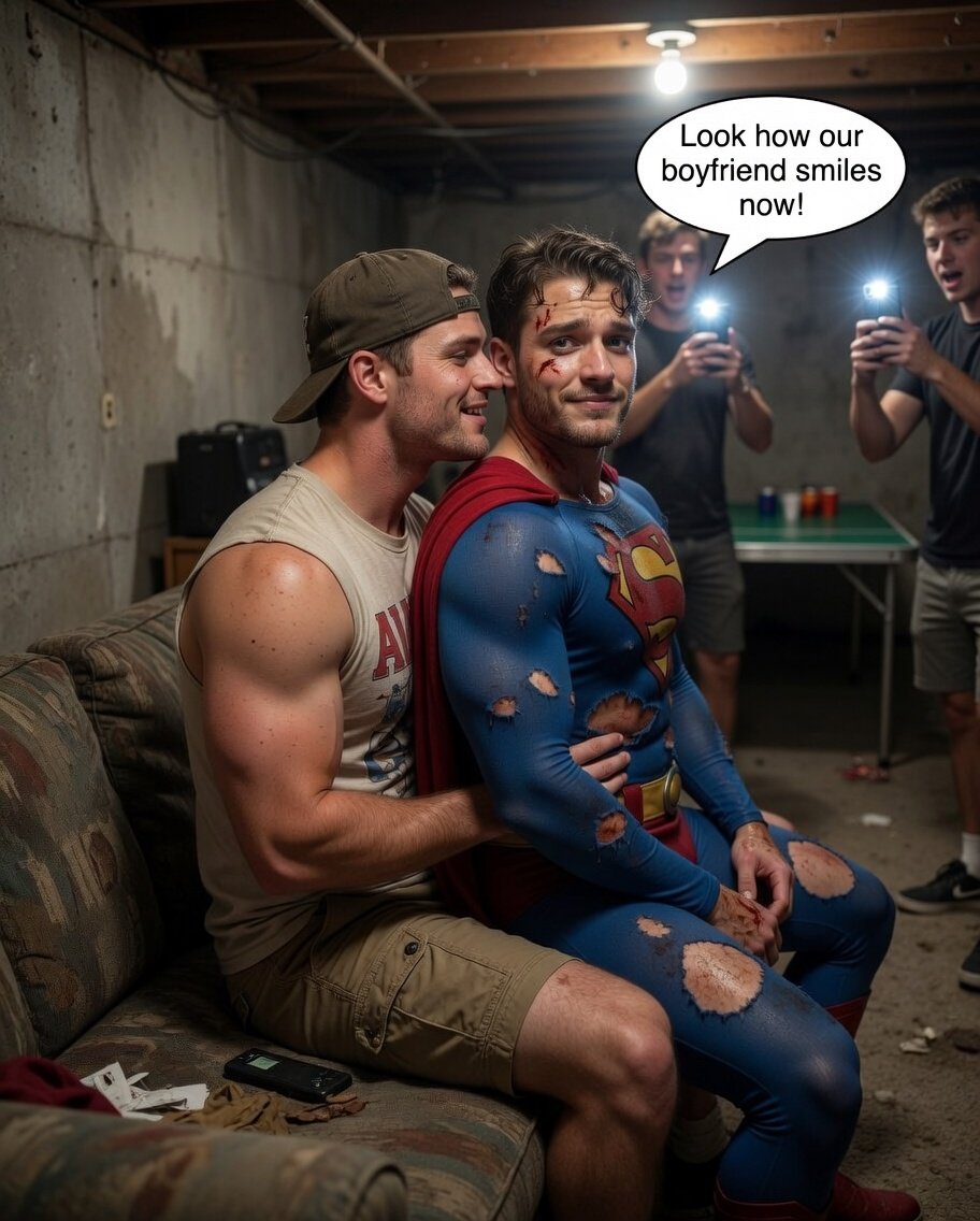 Look how our boyfriend smiles now! Superfag happily cuddled up with a real man while the boys film his total surrender. From alpha to fraternity girlfriend in one semester. 

🦸‍♂️ #SuperFag 🦸‍♂️
🦸‍♂️ #GayFantasyNarrative 🏳️‍🌈

🦸‍♂️ #DefeatSuperhero 😈 
😈 #BrokenHero 🦸‍♂️
🦸‍♂️ #SuperfagLife 😈