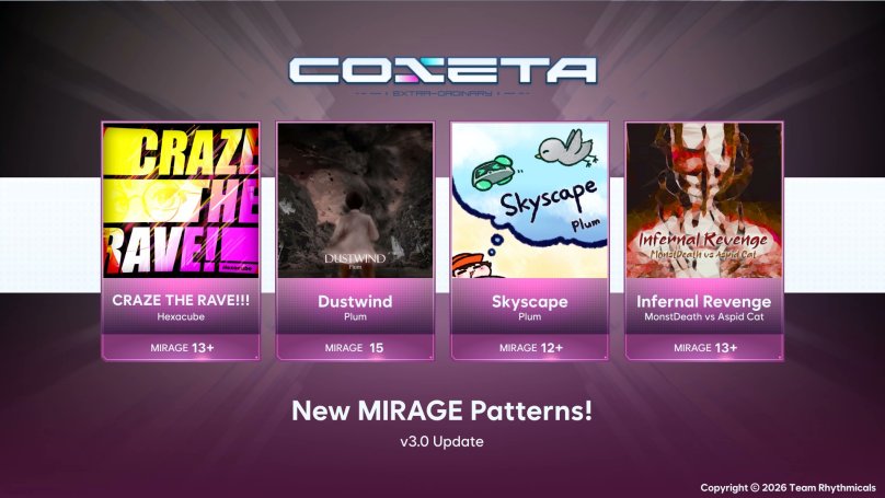 full_combo_max's tweet photo. The Extra-Ordinary comes for COXETA!!
The long-awaited 3.0 update is out! It adds free song Oekaki (chilldive), MIRAGE difficulties to four existing songs, and several gameplay/menu changes, including the removal of Story Mode, Café Theta, and Offline Mode…
#COXETA https://t.co/ATEppLOLKs