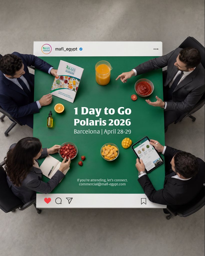 MAFIEgypt's tweet photo. 1 day to go.
MAFI is heading to Polaris 2026 in Barcelona 🇪🇸—where agri-food innovation meets opportunity.

Let’s connect: commercial@mafi-egypt.com

#MAFI #Polaris2026 #Barcelona #AgriFood #B2B https://t.co/czlth1AXMN